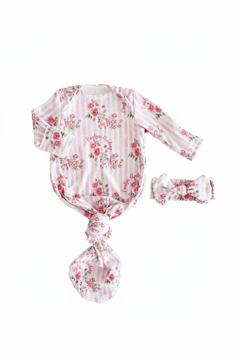 Shabby Chic Personalized Newborn Baby Knot Gown - Image 2