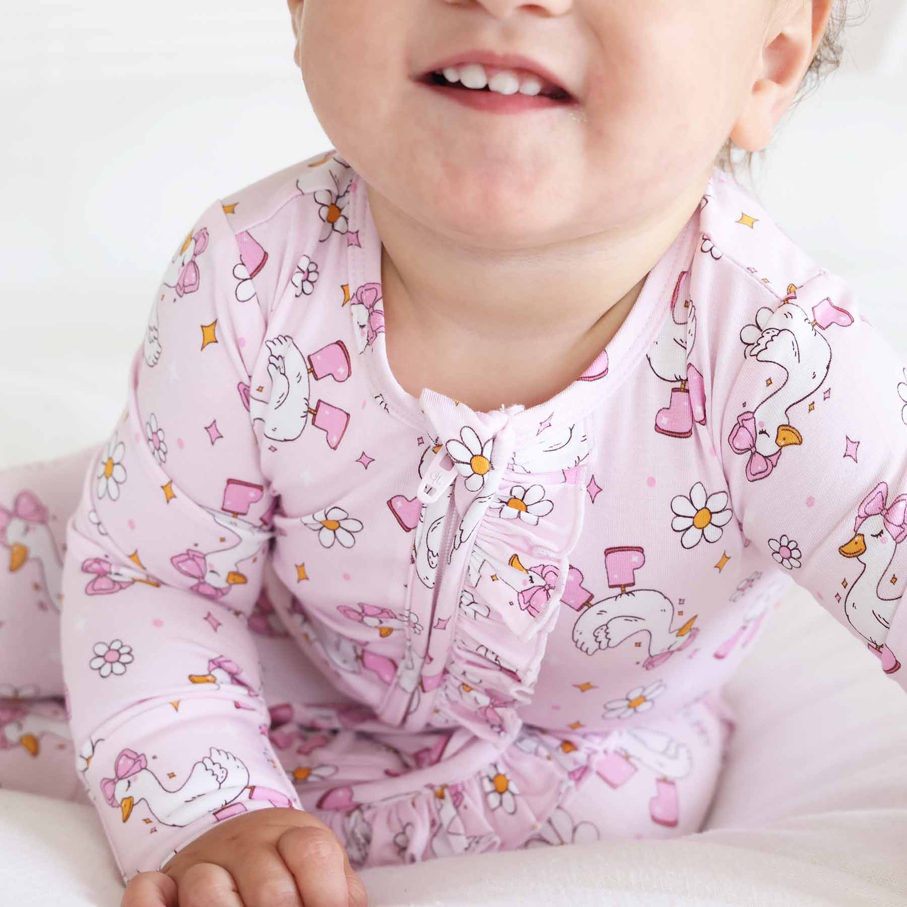 Silly Goose Ruffle Zipper Footie | Pink - Image 11