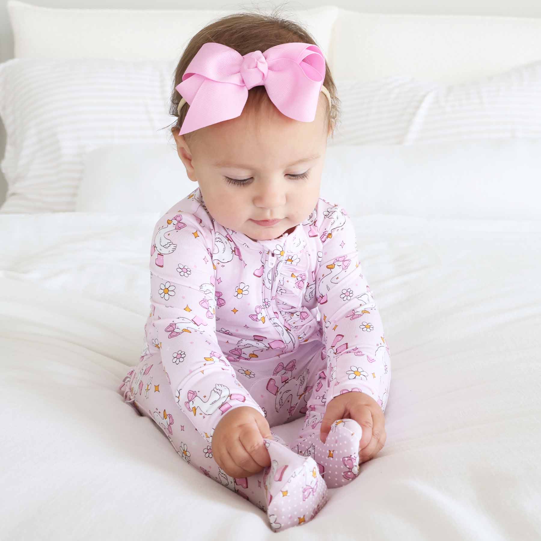 Silly Goose Ruffle Zipper Footie | Pink - Image 12