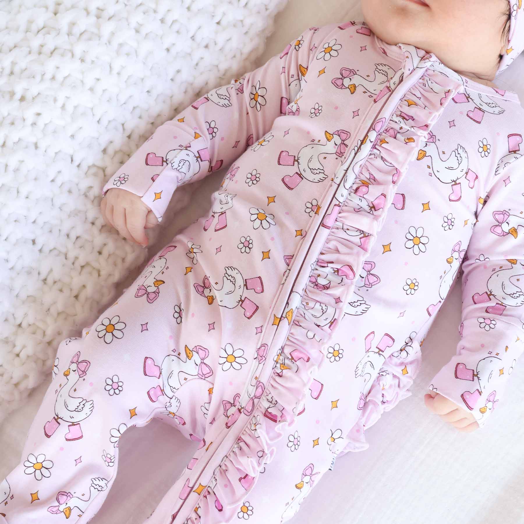 Silly Goose Ruffle Zipper Footie | Pink - Image 8