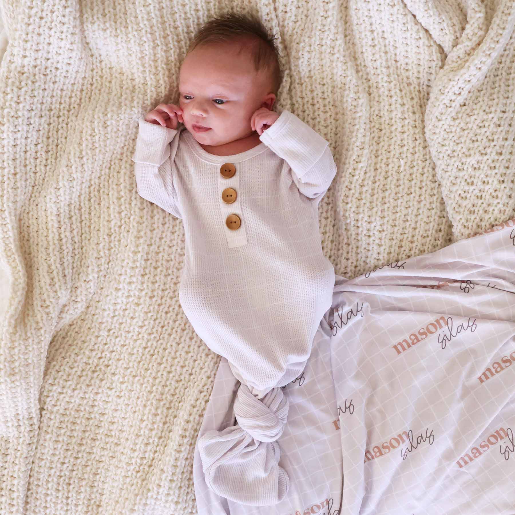 Sloane's Squares Bamboo Waffle Newborn Baby Knot Gown & Hat Set - Image 4