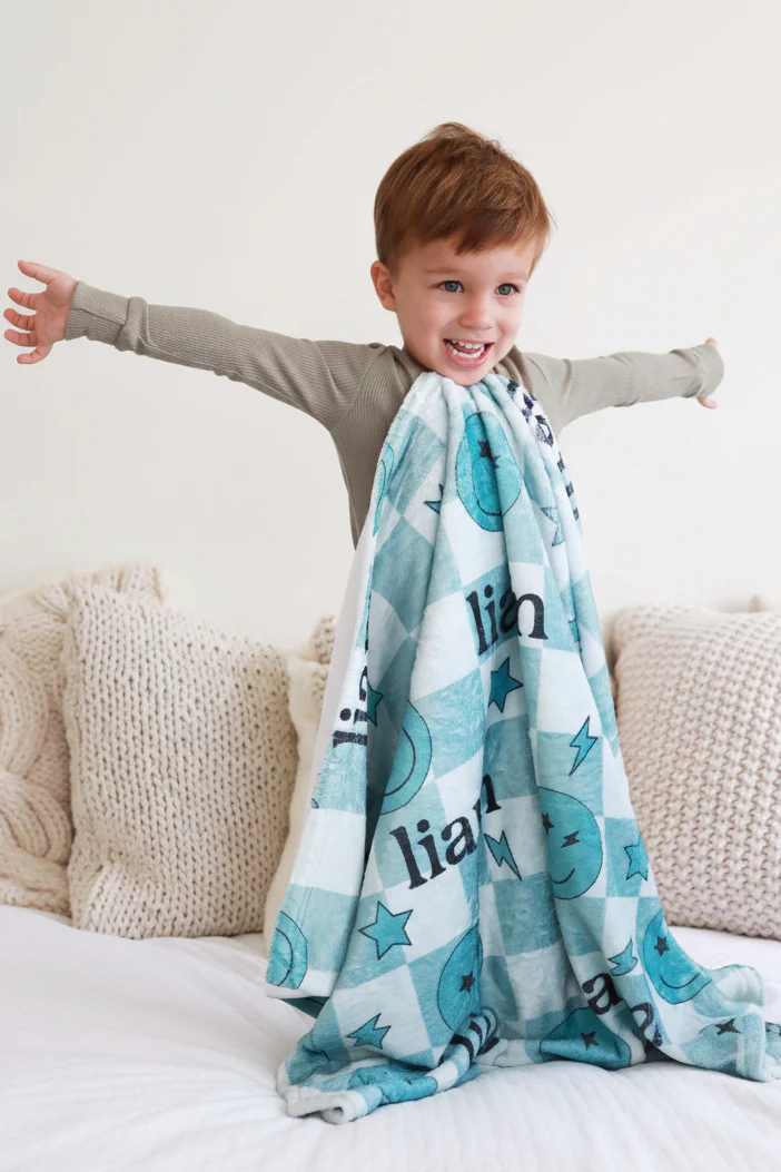 Smiley Face Check Personalized Kids Blanket | Green