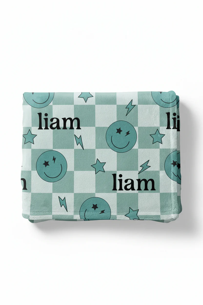 Smiley Face Check Personalized Kids Blanket | Green - Image 2