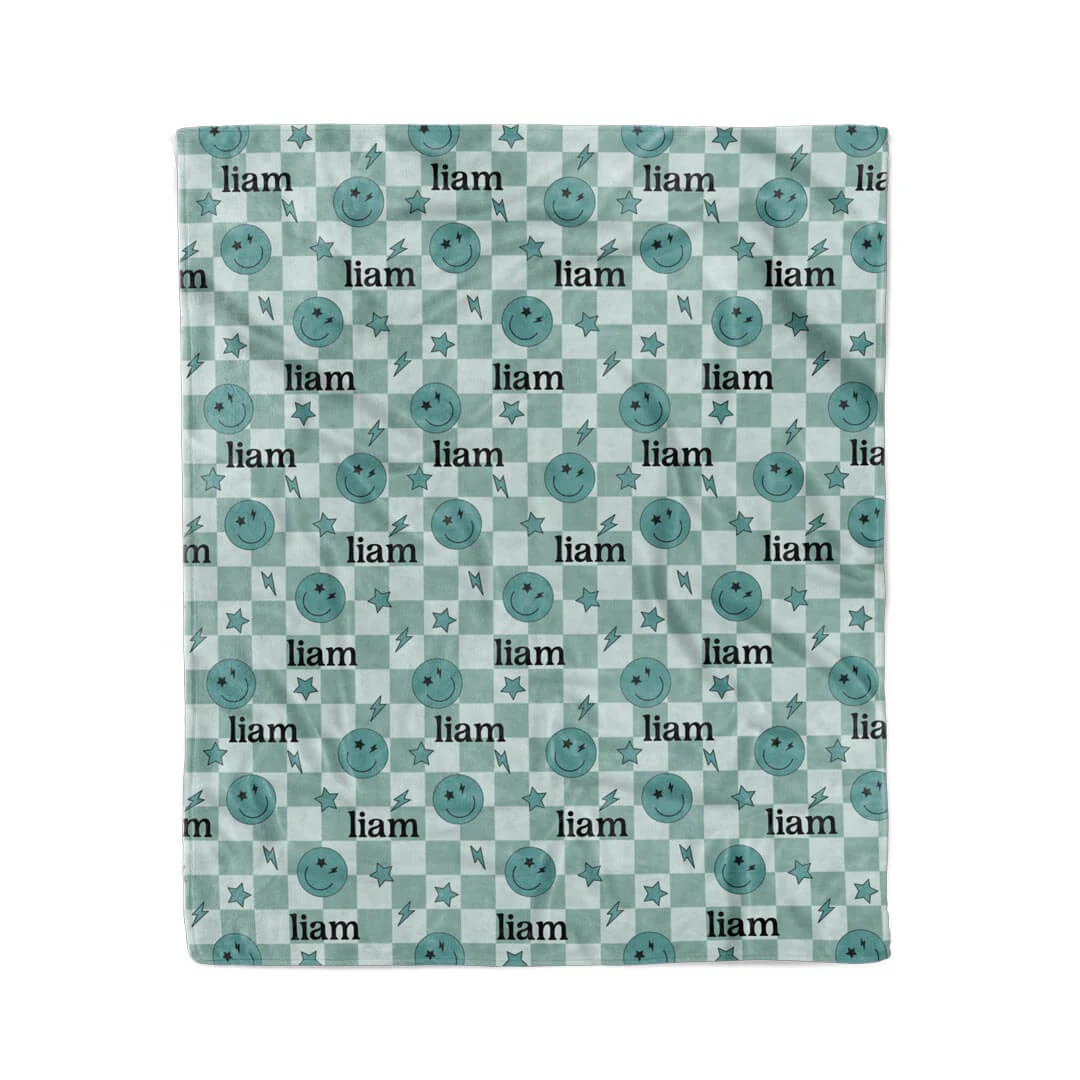 Smiley Face Check Personalized Kids Blanket | Green - Image 3