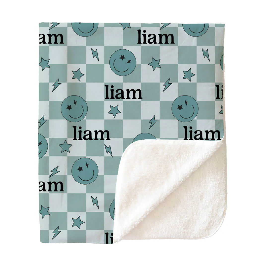 Smiley Face Check Personalized Kids Blanket | Green - Image 4