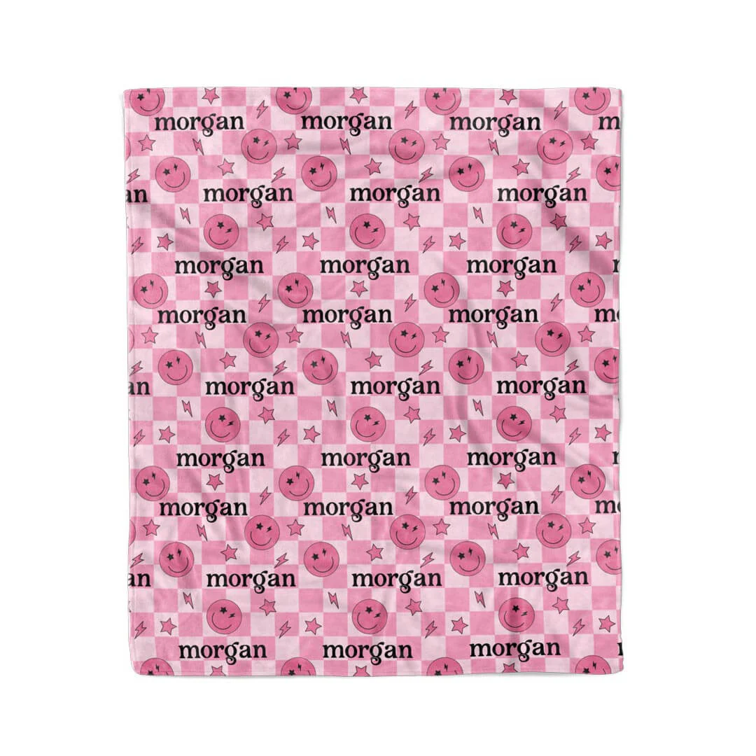 Smiley Face Check Personalized Kids Blanket | Pink - Image 5