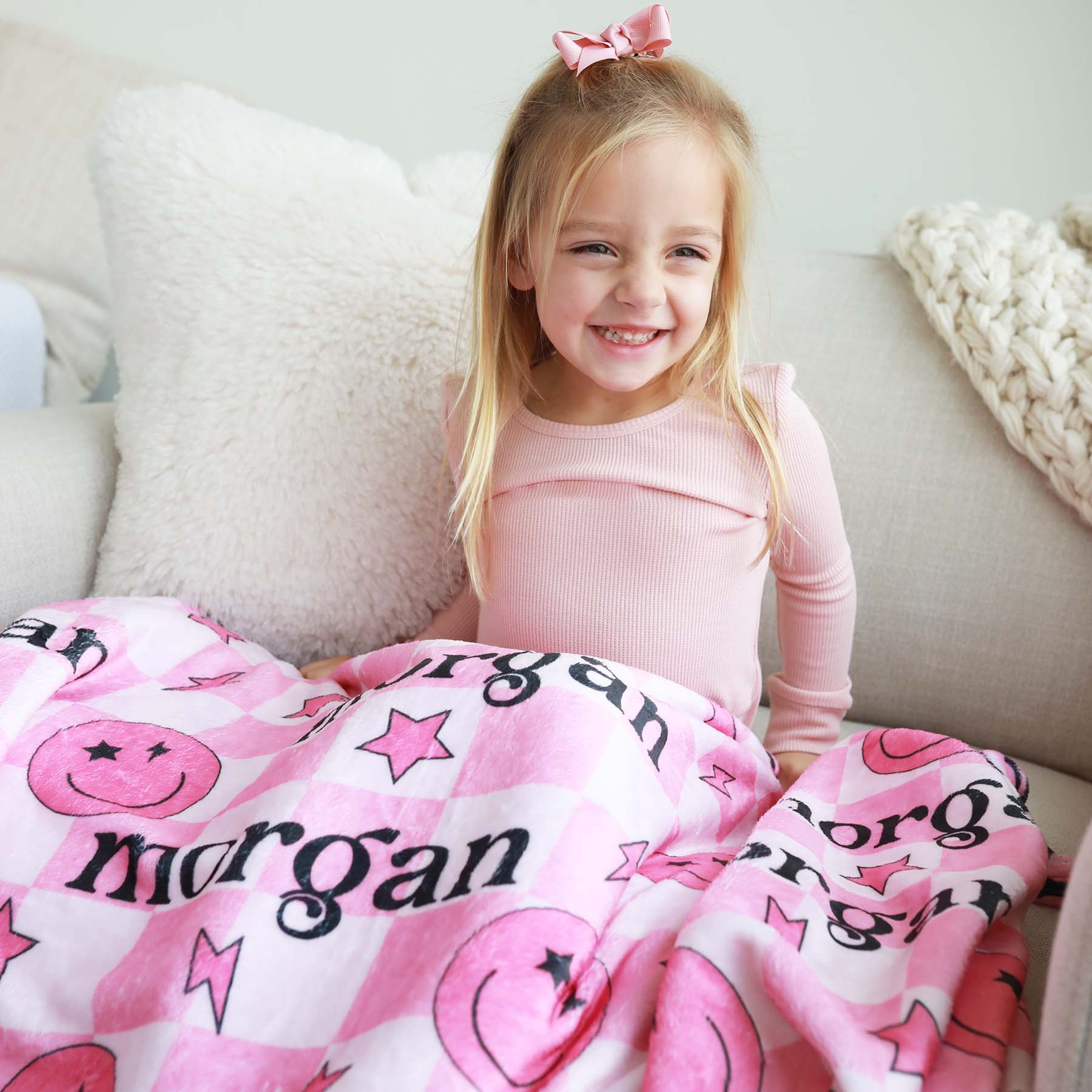 Smiley Face Check Personalized Kids Blanket | Pink - Image 6