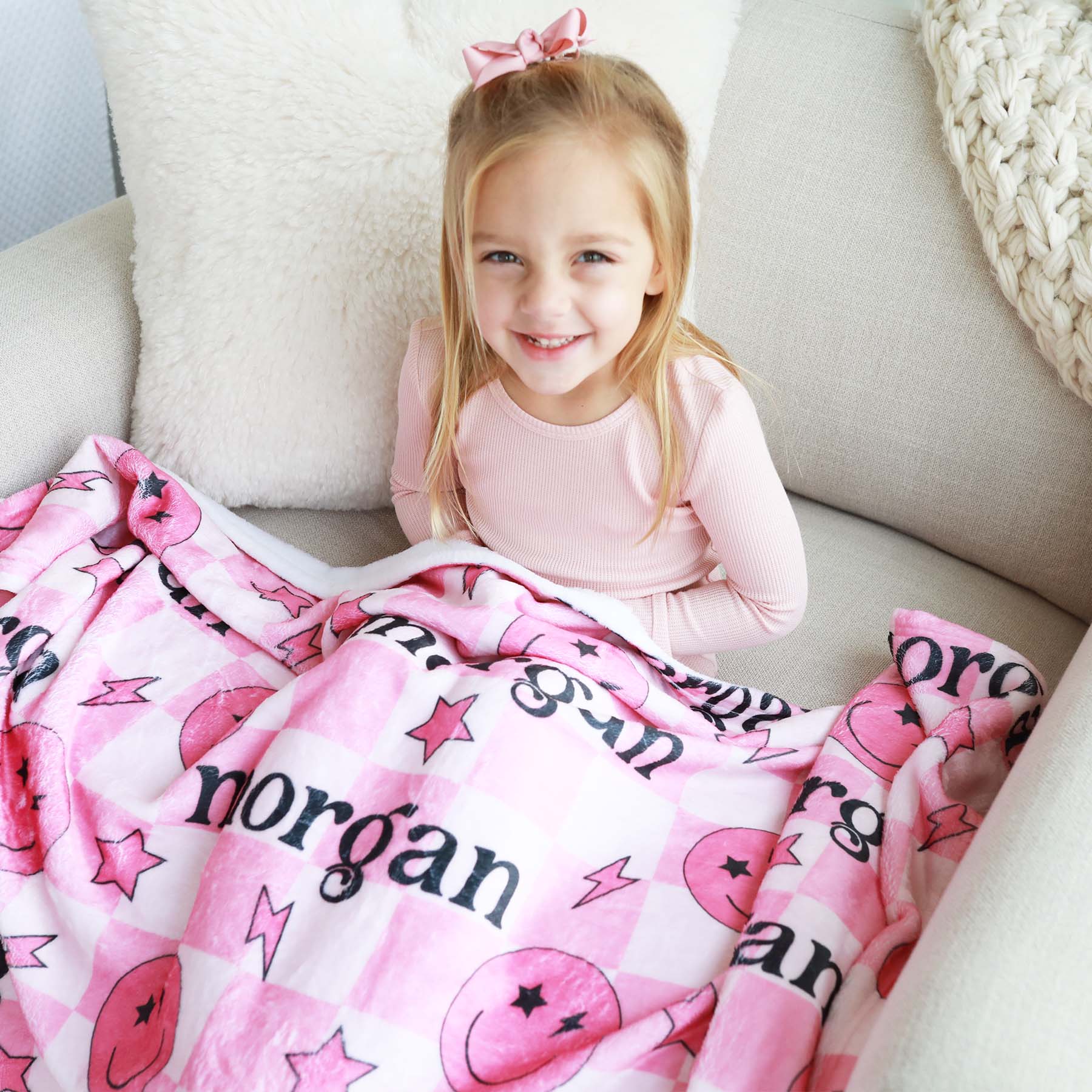 Smiley Face Check Personalized Kids Blanket | Pink - Image 8