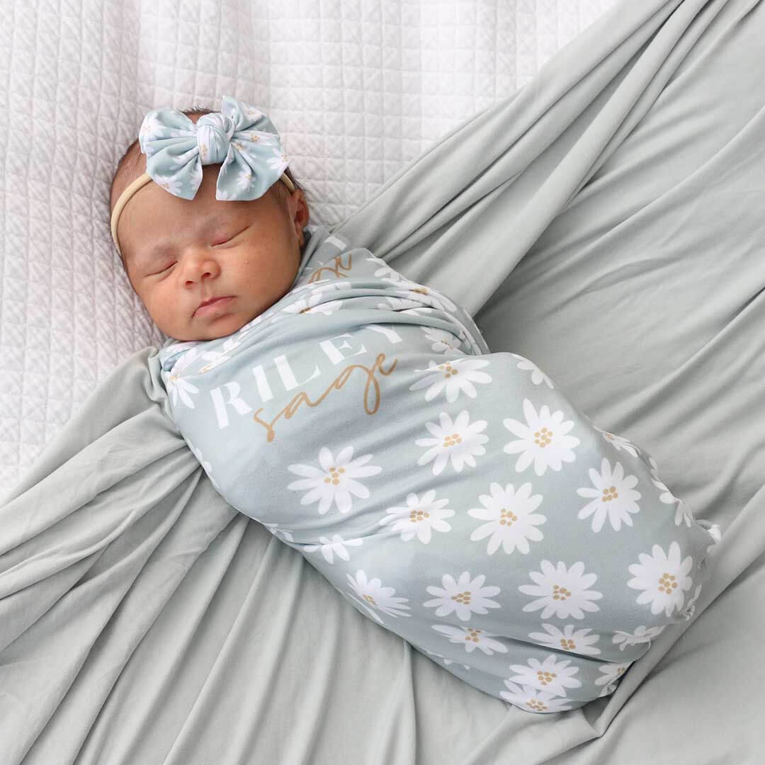 Soft Green Daisy Personalized Swaddle Blanket - Image 3