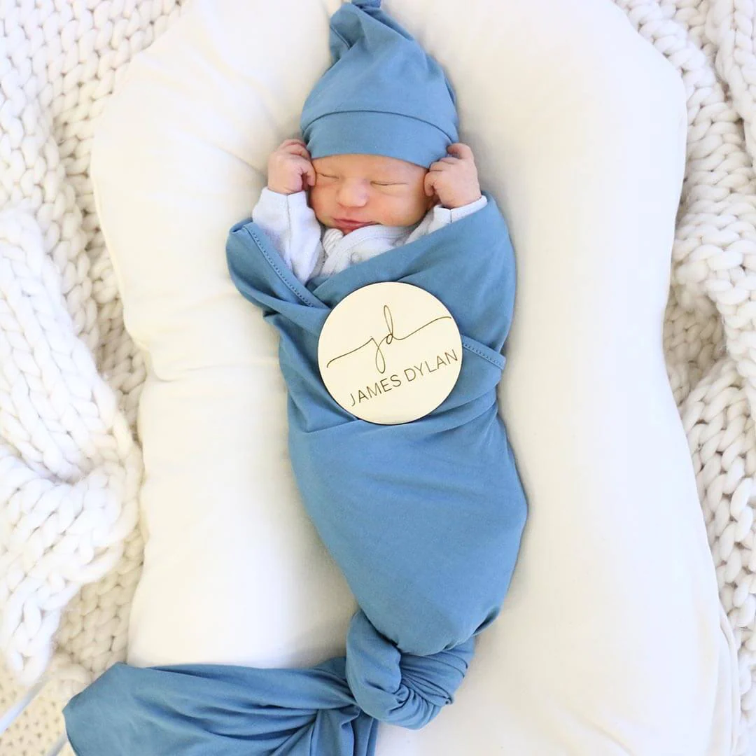 Solid Dusty Blue Bamboo Knit Swaddle Blanket - Image 2