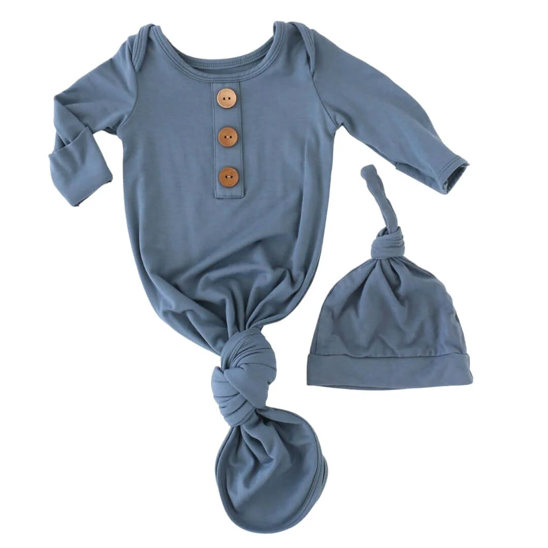 Solid Dusty Blue Bamboo Baby Knot Gown & Hat - Image 2