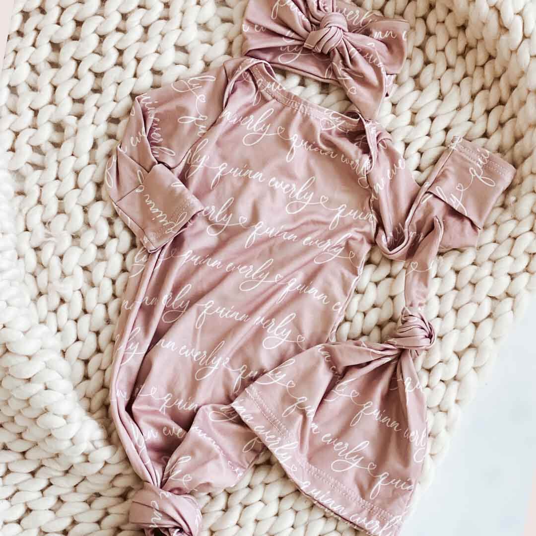 Solid Mauve Heart Personalized Newborn Baby Knot Gown - Script - Image 2