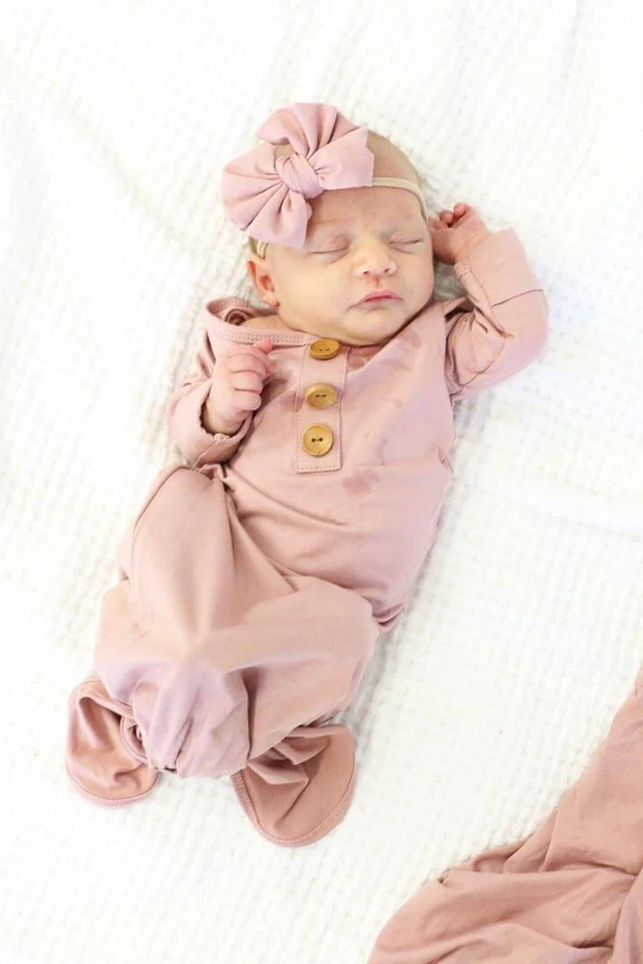 Solid Mauve Bamboo Baby Knot Gown & Hat - Image 3