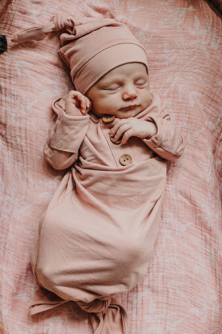 Solid Mauve Bamboo Baby Knot Gown & Hat - Image 6