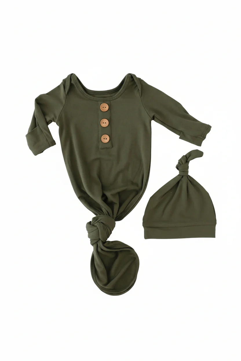 Solid Olive Bamboo Baby Knot Gown & Hat - Image 2