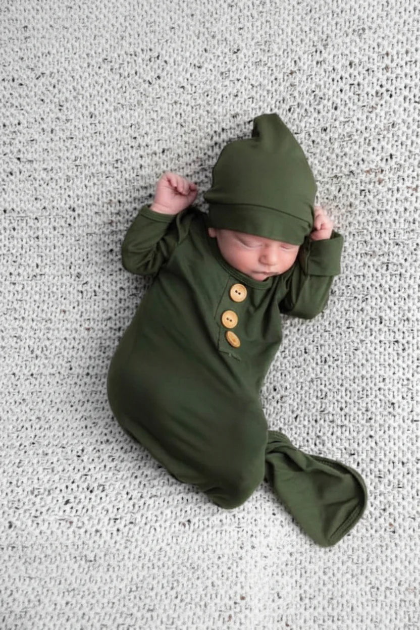 Solid Olive Bamboo Baby Knot Gown & Hat - Image 4