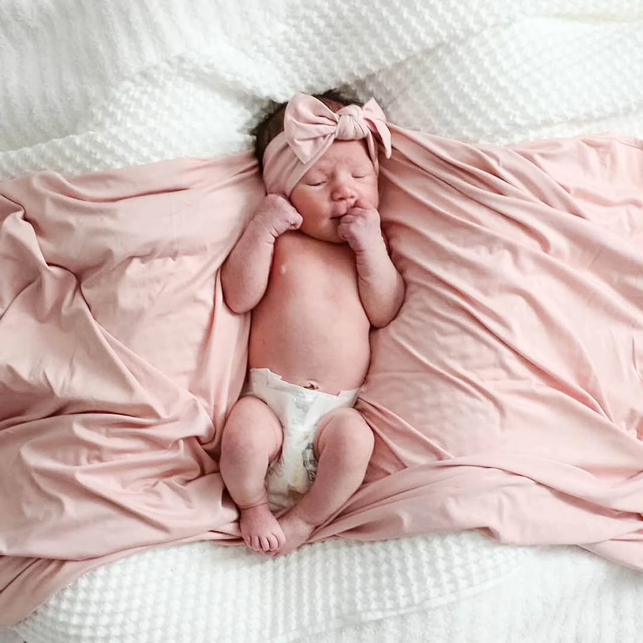 Solid Petal Pink Bamboo Knit Swaddle Blanket - Image 3