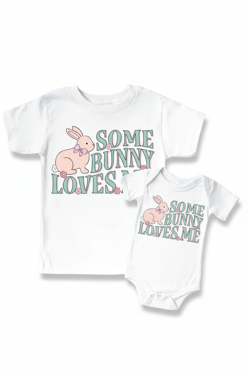 Some Bunny Loves Me Pink Graphic Bodysuit & Kids Tee | White