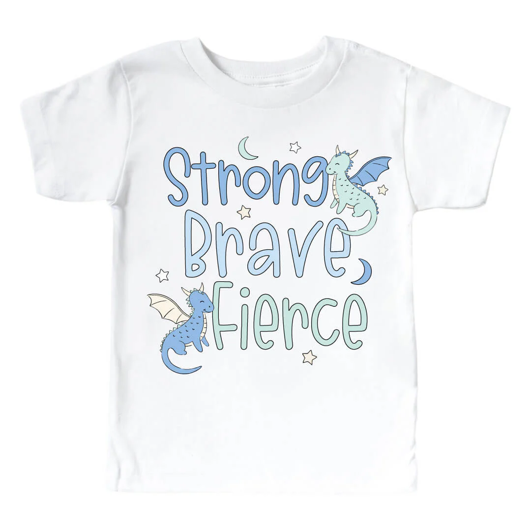 Strong, Brave, Fierce Blue Graphic Bodysuit & Kids Tee | White - Image 3