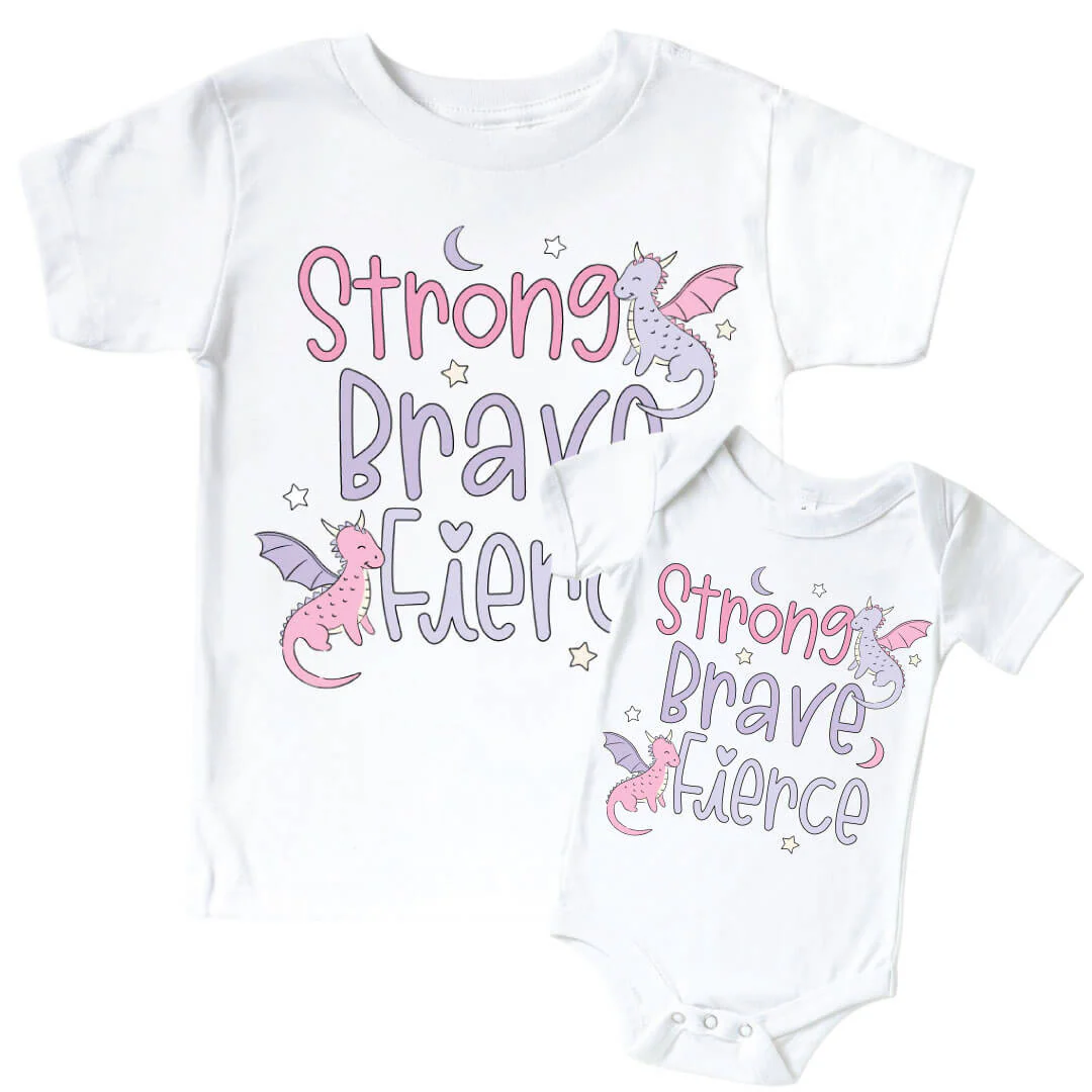 Strong, Brave, Fierce Pink Graphic Bodysuit & Kids Tee | White