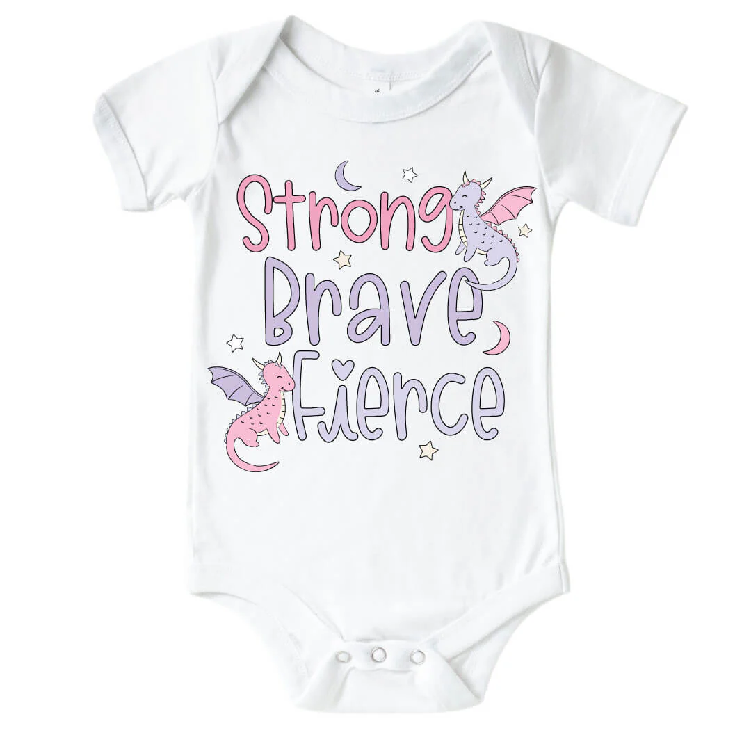Strong, Brave, Fierce Pink Graphic Bodysuit & Kids Tee | White - Image 2
