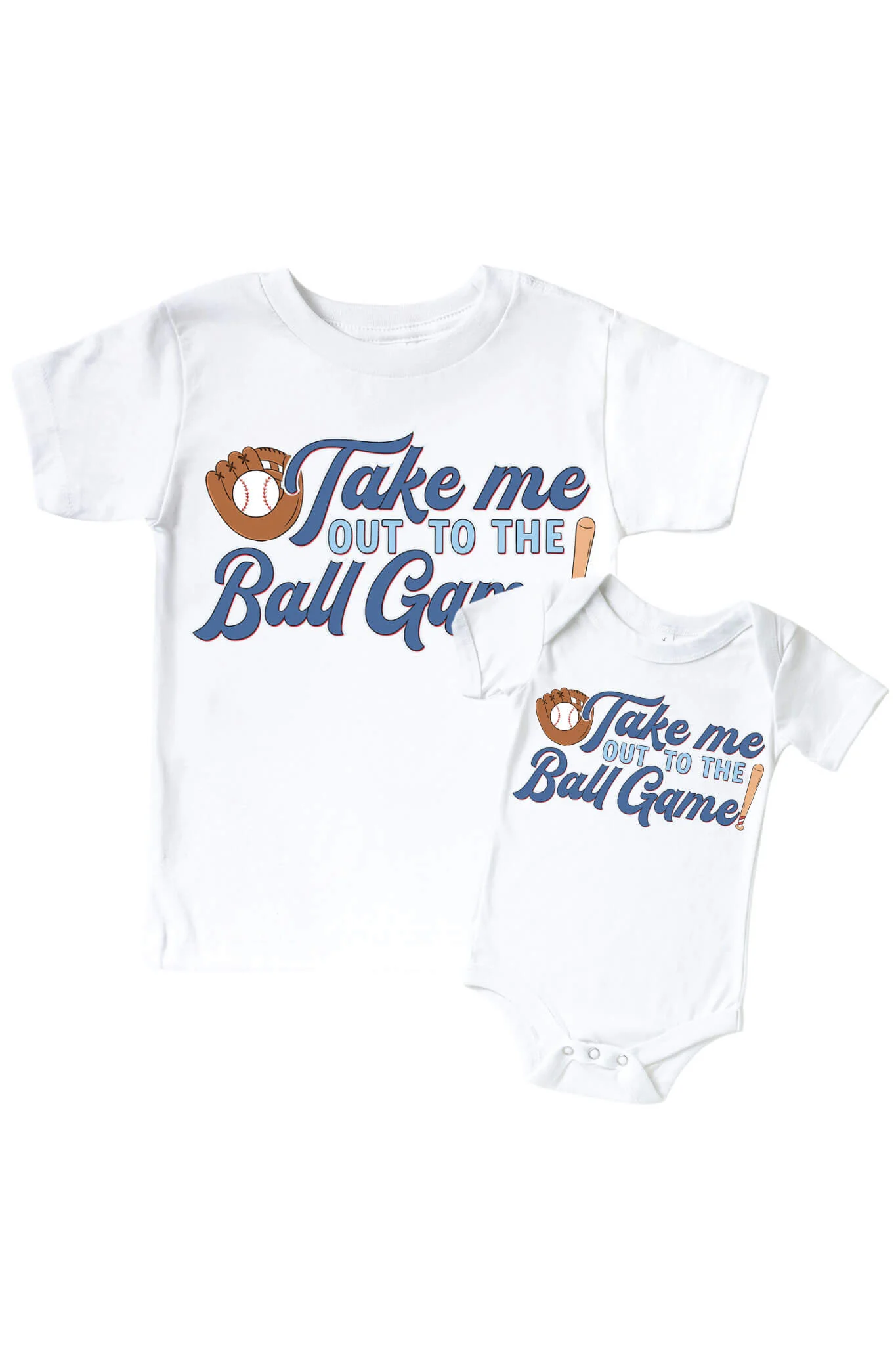Take Me Out Blue Graphic Bodysuit & Kids Tee | White