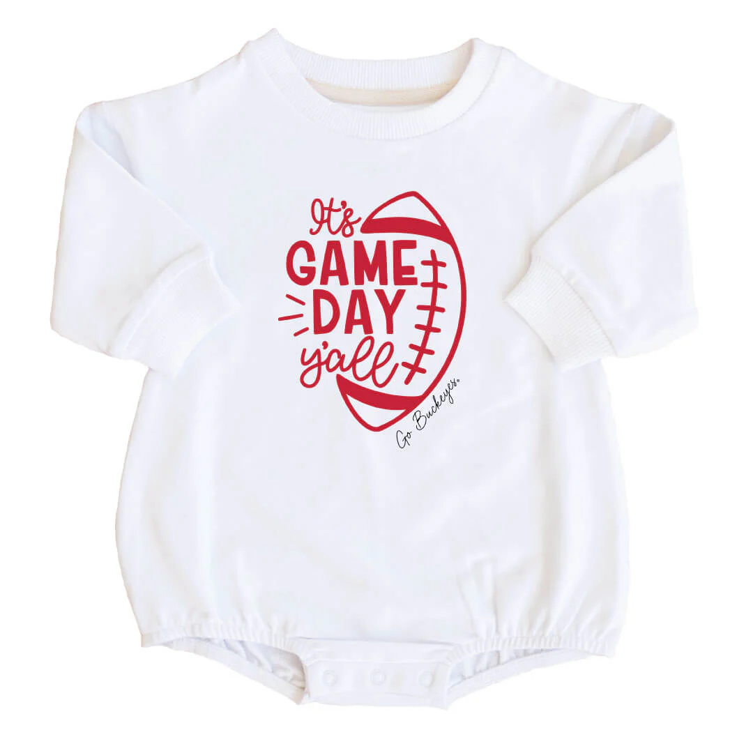 The Ohio State University | Footballs & Bows Graphic Sweatshirt Bubble Romper - Image 3