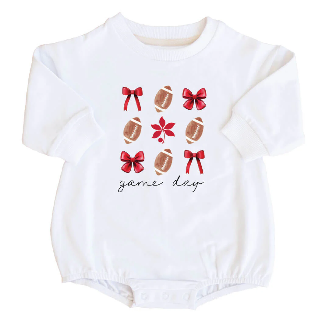 The Ohio State University | Footballs & Bows Graphic Sweatshirt Bubble Romper - Image 6
