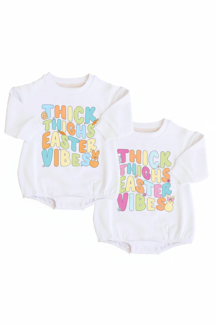 Thick Thighs Easter Vibes Sweatshirt Bubble Romper | White