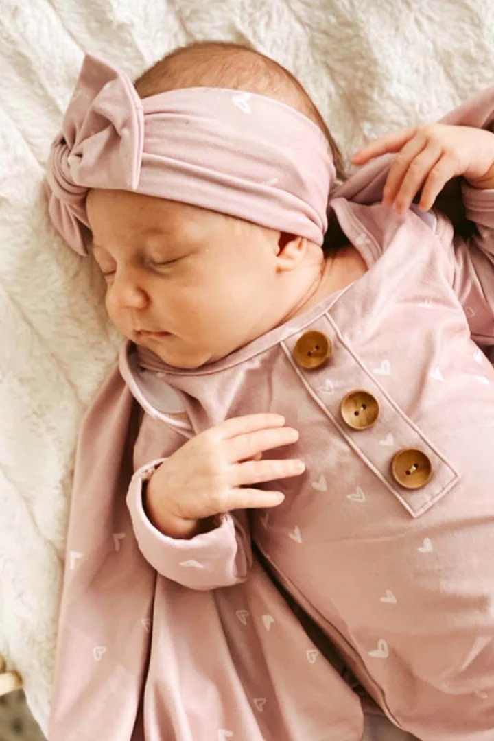 Tiny Hearts in Dusty Pink Newborn Baby Knot Gown & Hat Set - Image 2
