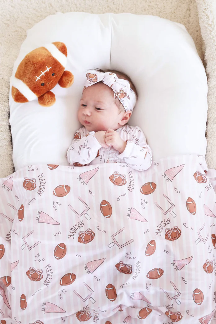 Tiny Touchdowns Personalized Swaddle Blanket | Pink