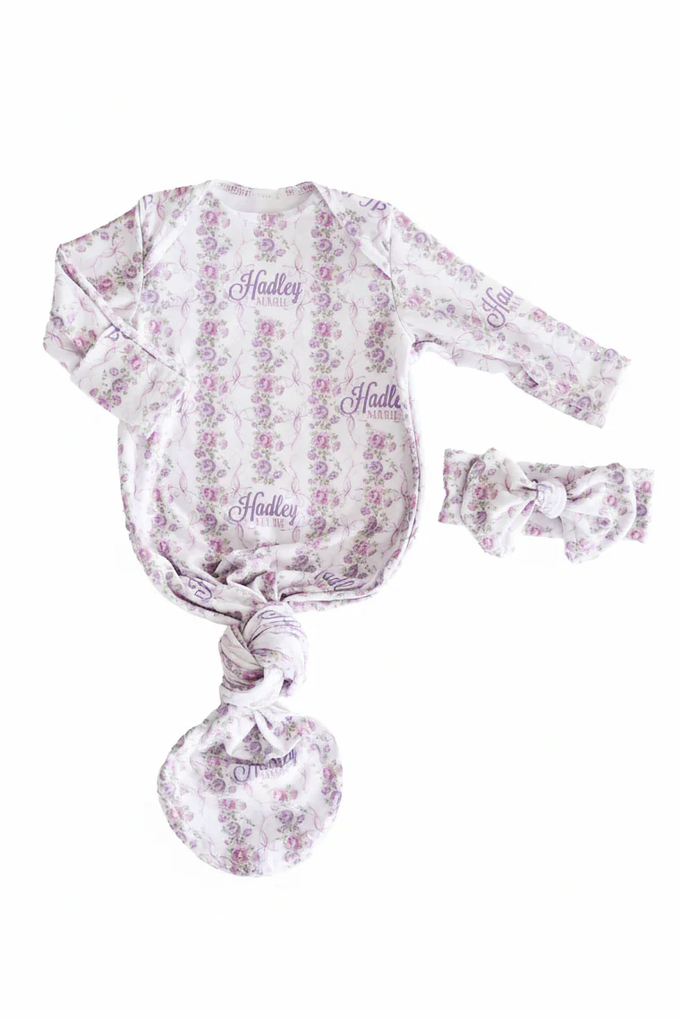 Violet Vines Personalized Newborn Baby Knot Gown - Image 2