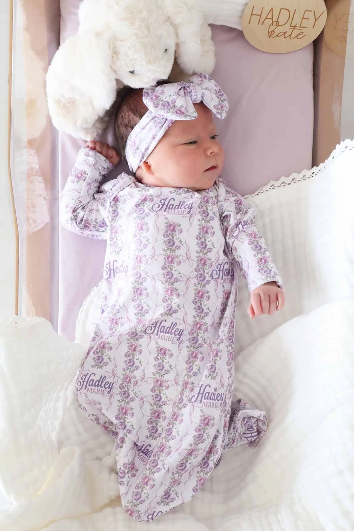 Violet Vines Personalized Newborn Baby Knot Gown - Image 3