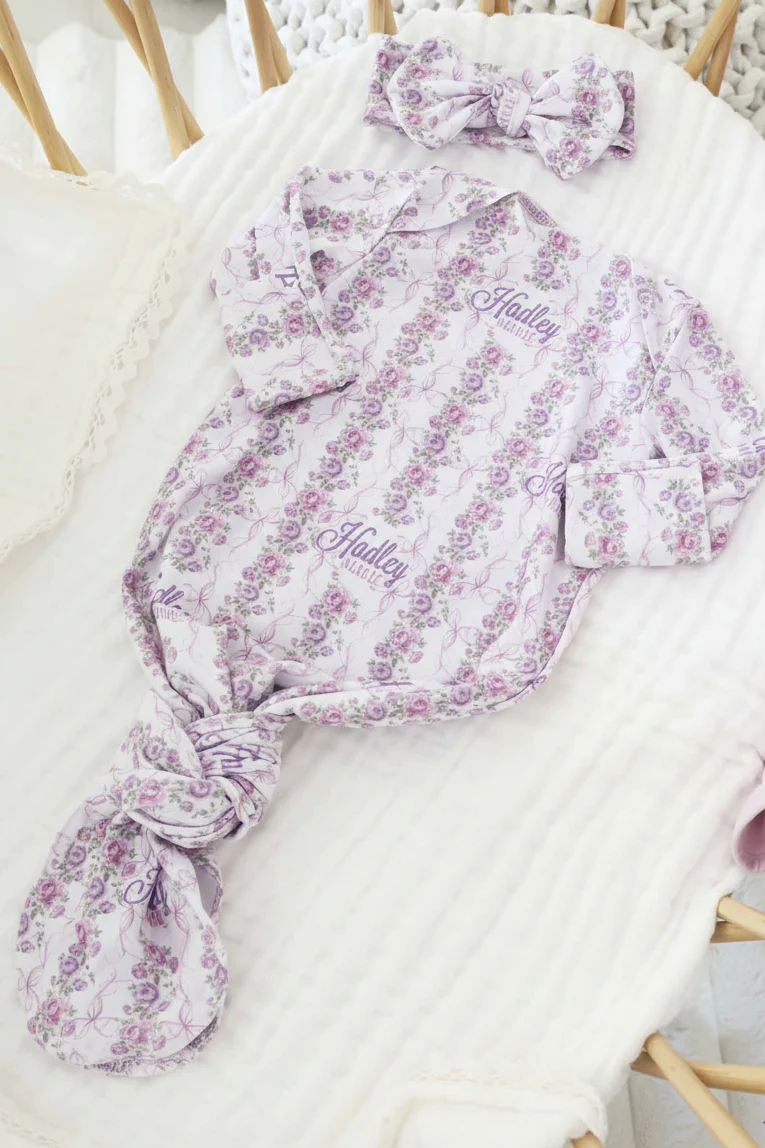 Violet Vines Personalized Newborn Baby Knot Gown - Image 4