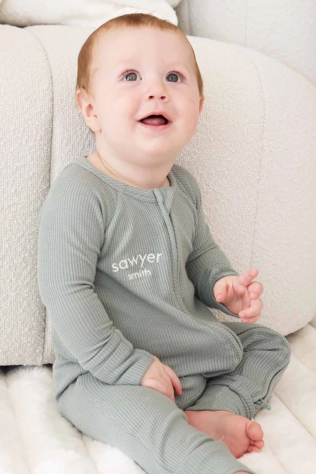 Embroidered Bamboo Waffle Convertible Zip Romper | Seagrass - Image 4