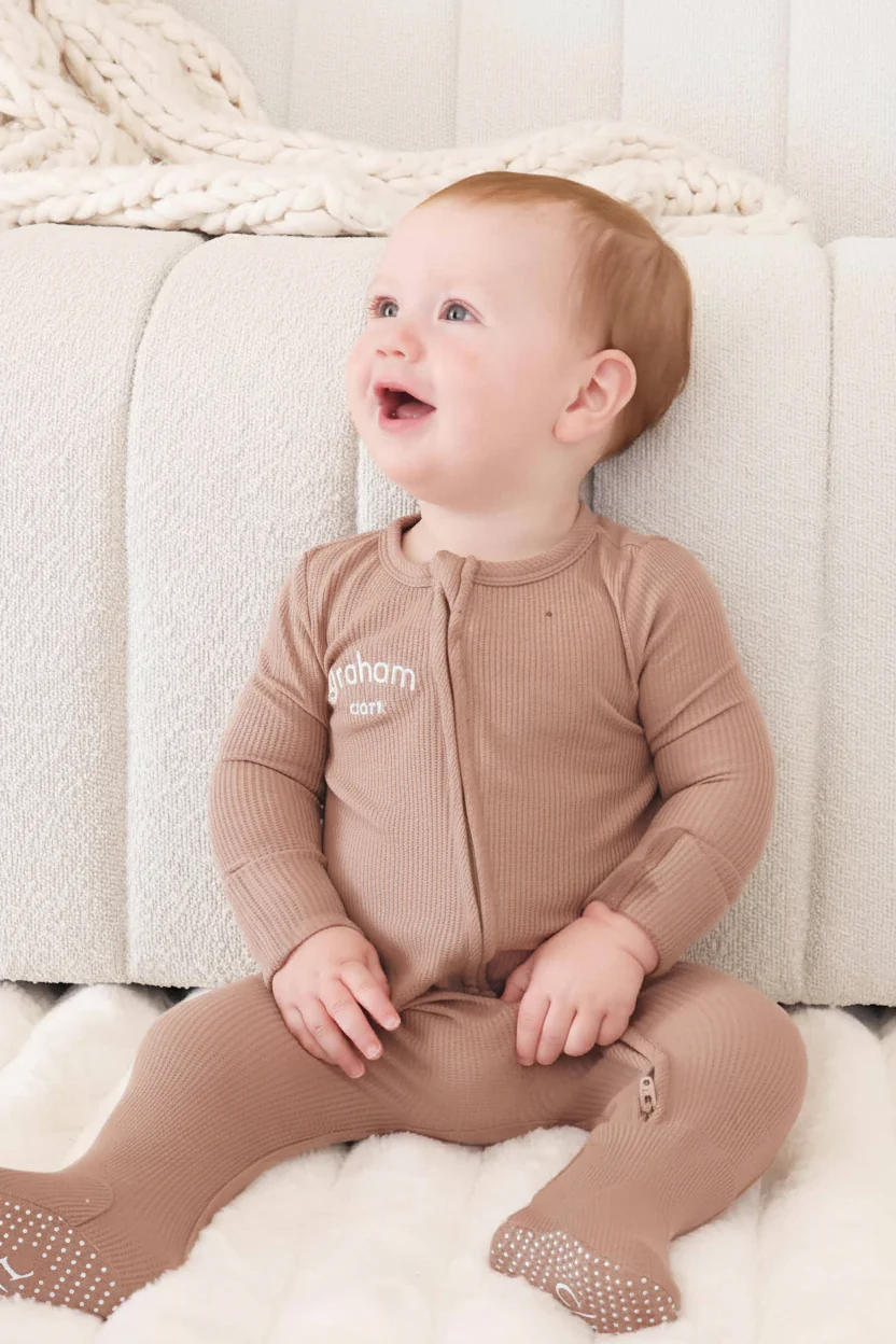 Embroidered Bamboo Waffle Zipper Footie | Mountain Haze - Image 8