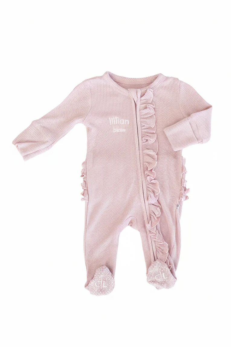 Embroidered Bamboo Waffle Zipper Ruffle Footie | Elderberry - Image 2