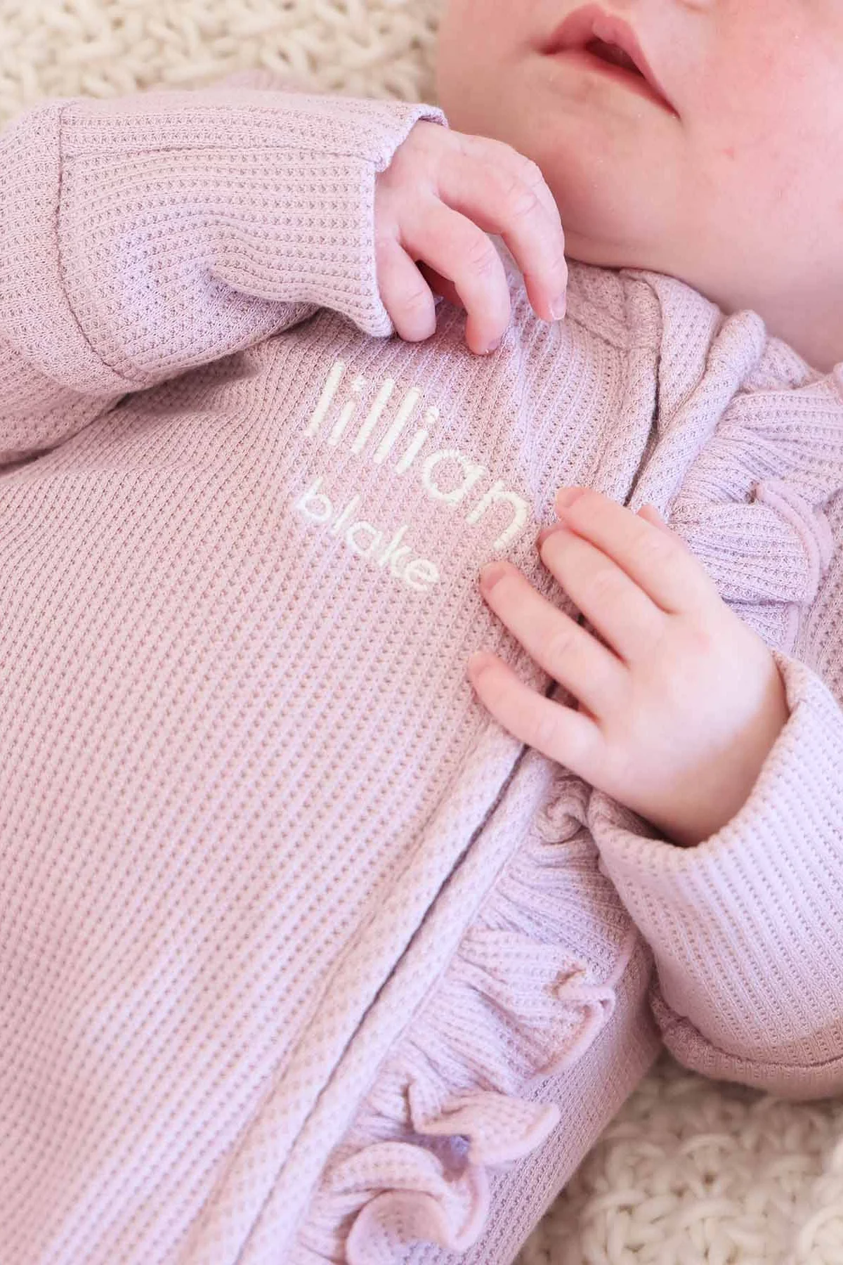 Embroidered Bamboo Waffle Zipper Ruffle Footie | Elderberry - Image 3