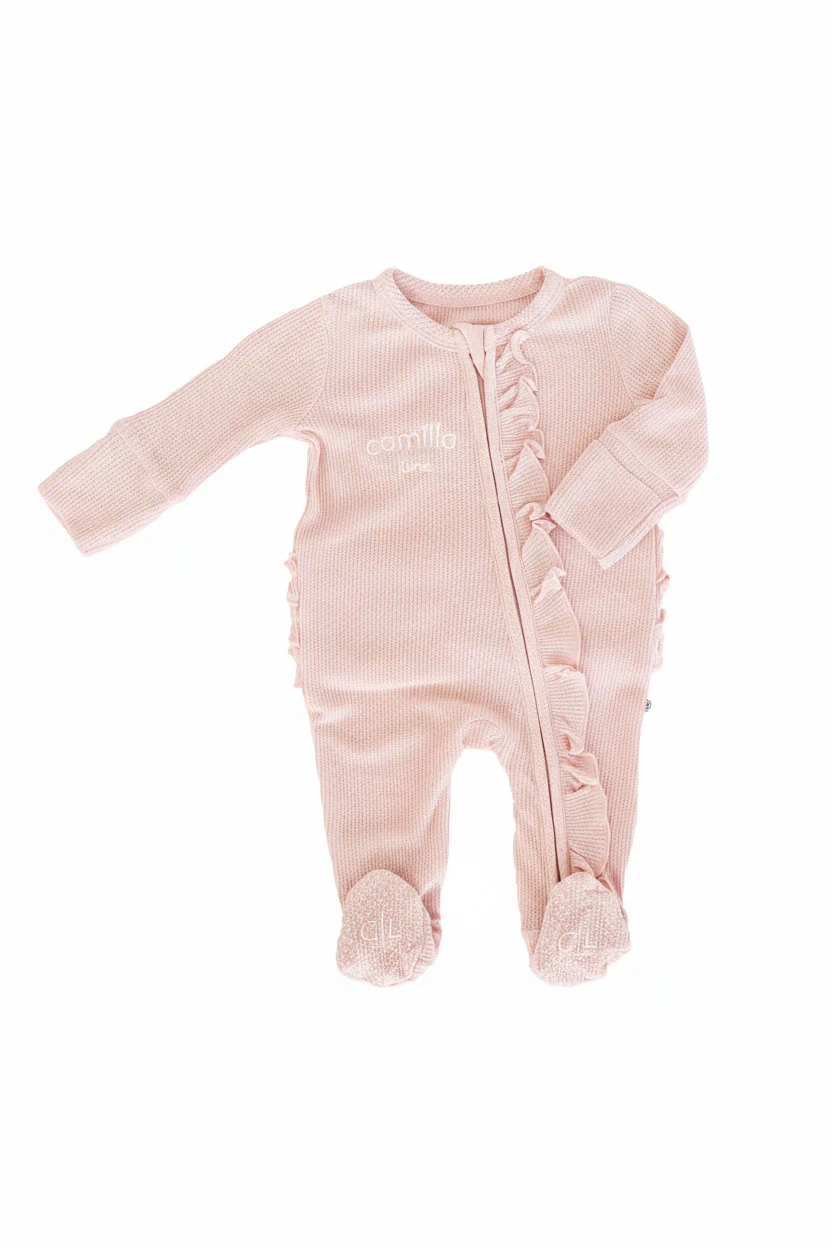 Embroidered Bamboo Waffle Zipper Ruffle Footie | Lotus - Image 2