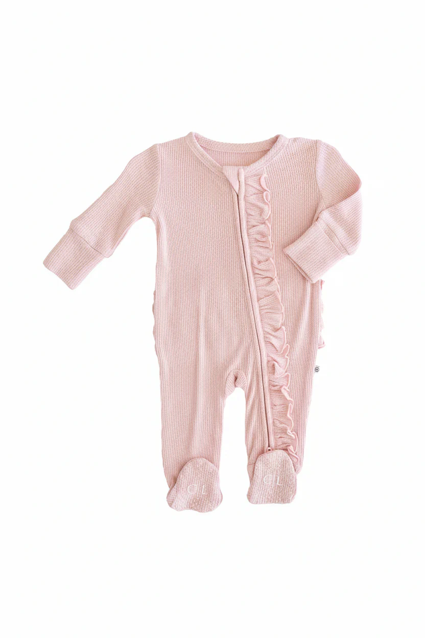 Embroidered Bamboo Waffle Zipper Ruffle Footies | In Bloom - Image 25