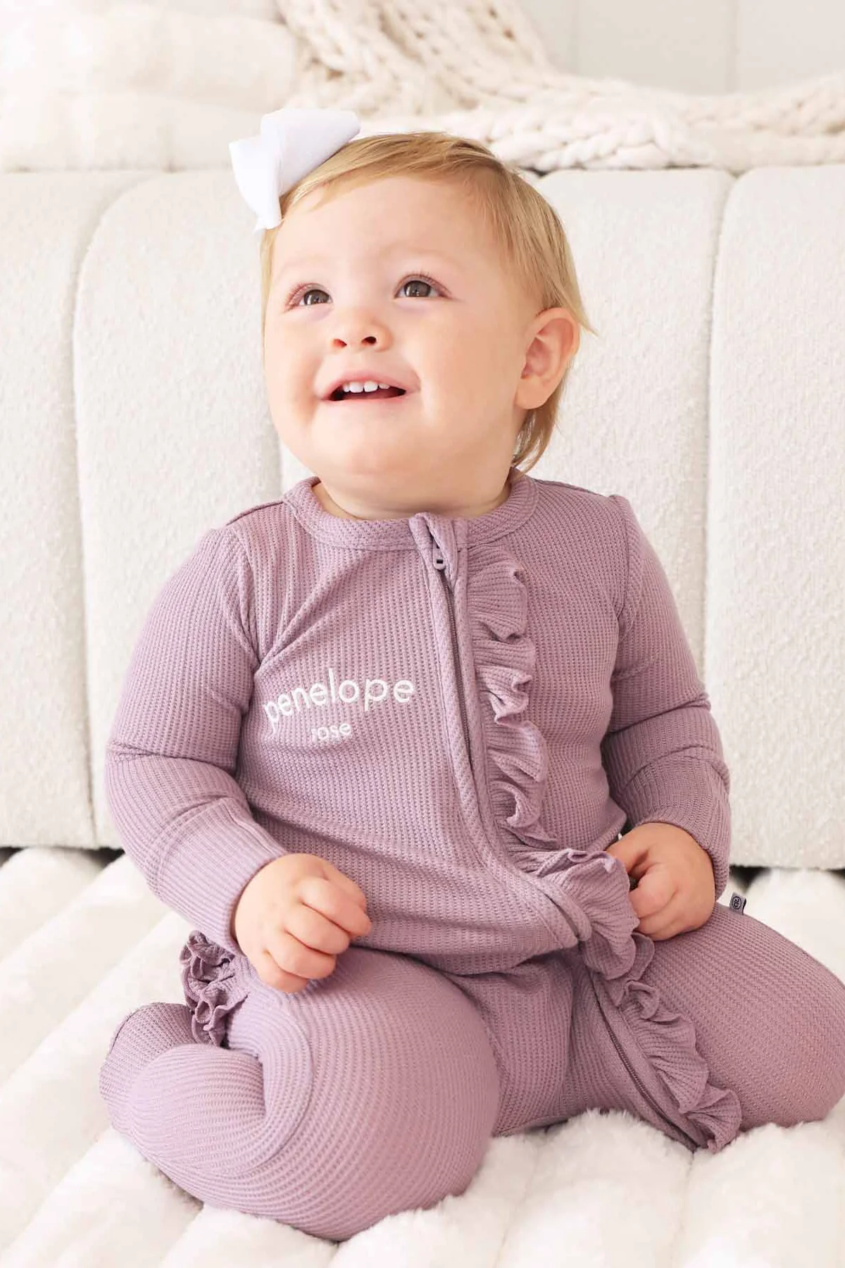 Embroidered Bamboo Waffle Zipper Ruffle Footie | Amethyst