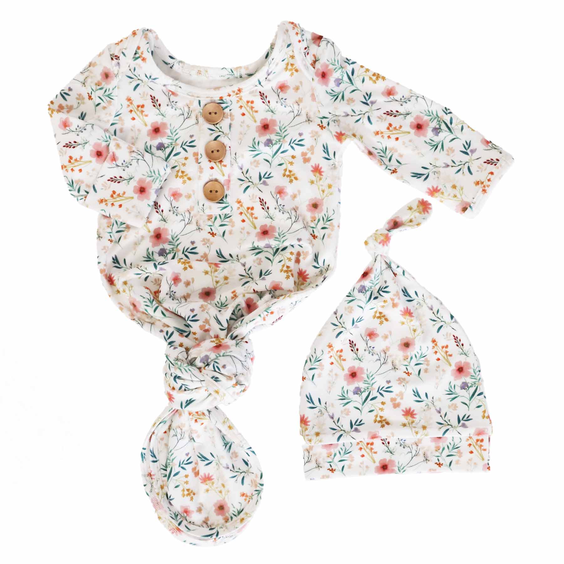 Winnie's Wildflowers Newborn Baby Knot Gown & Hat Set - Image 2