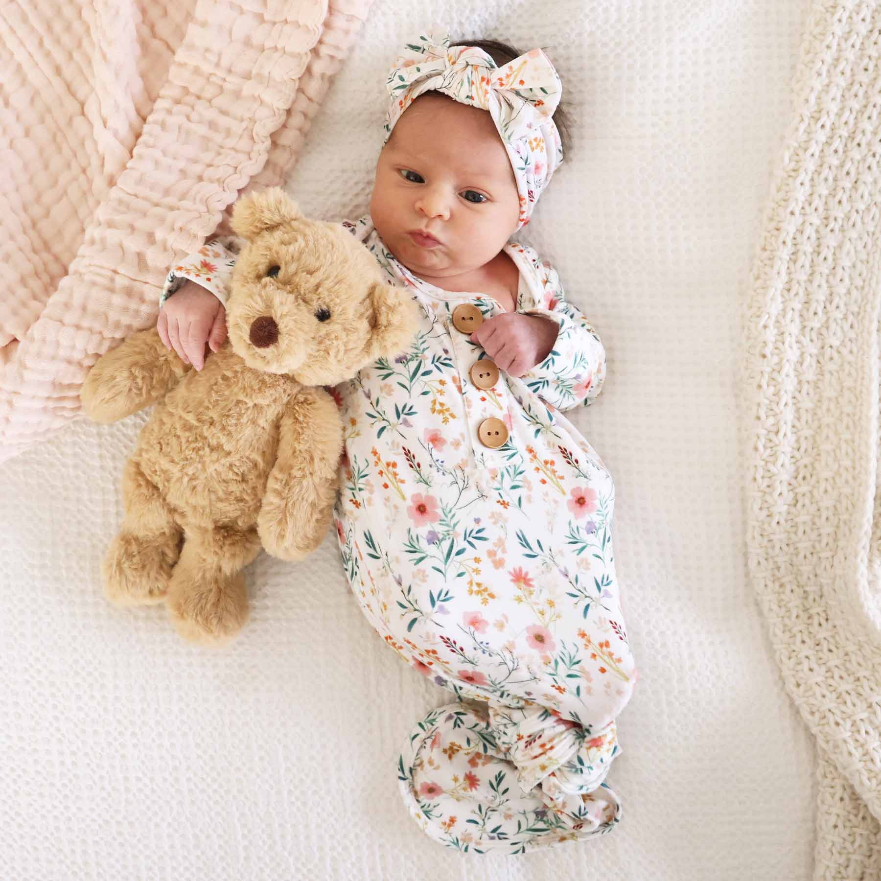 Winnie's Wildflowers Newborn Baby Knot Gown & Hat Set - Image 4